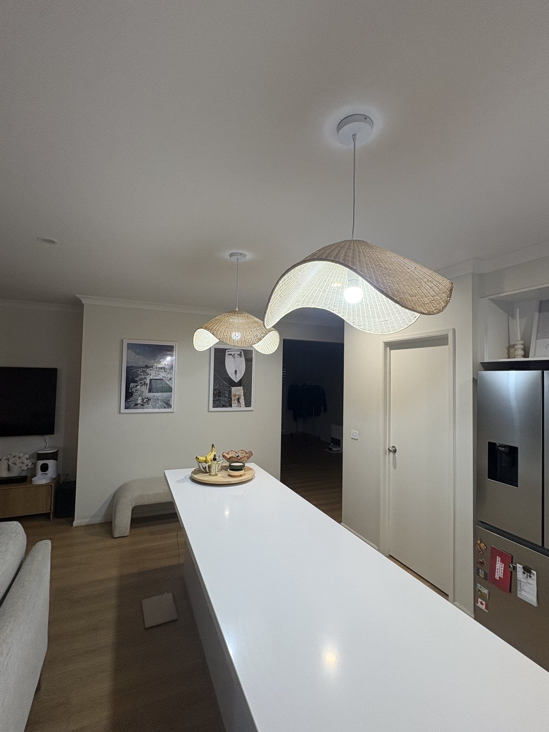 Pendant lights over the island bench