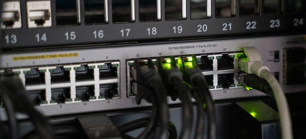 Patch leads plugged into a 24-port network switch and RJ45 patch panel